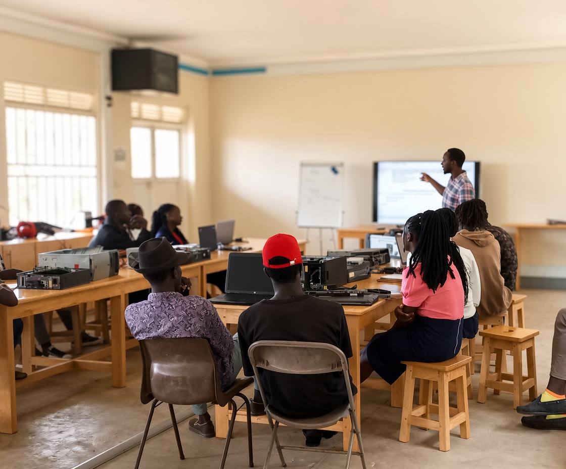 Students learning together in a computer classroom